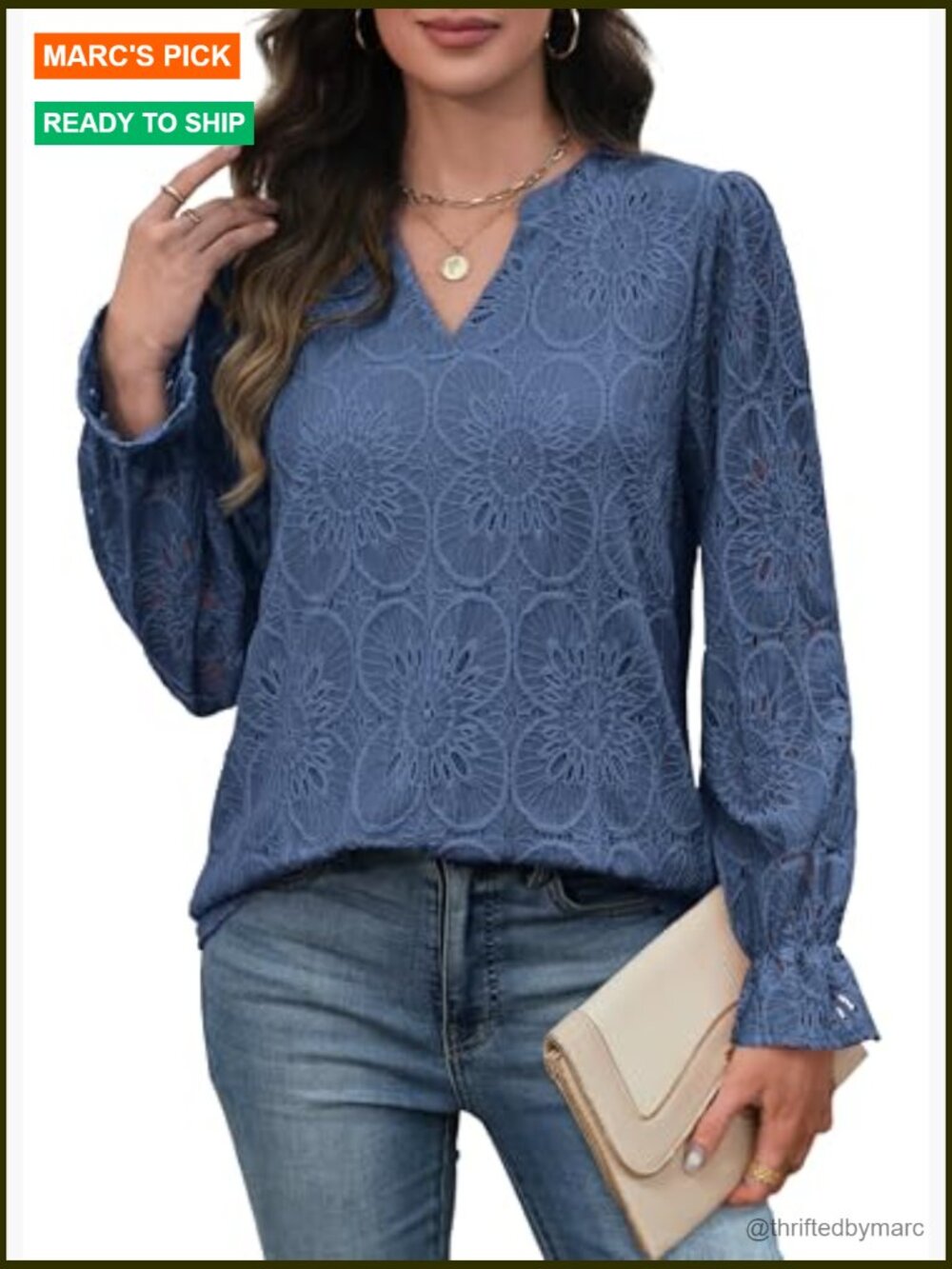 V Neck Eyelet Lace Blouse with Lining Long Sleeve Sheer Embroidery - Picture 5 of 7